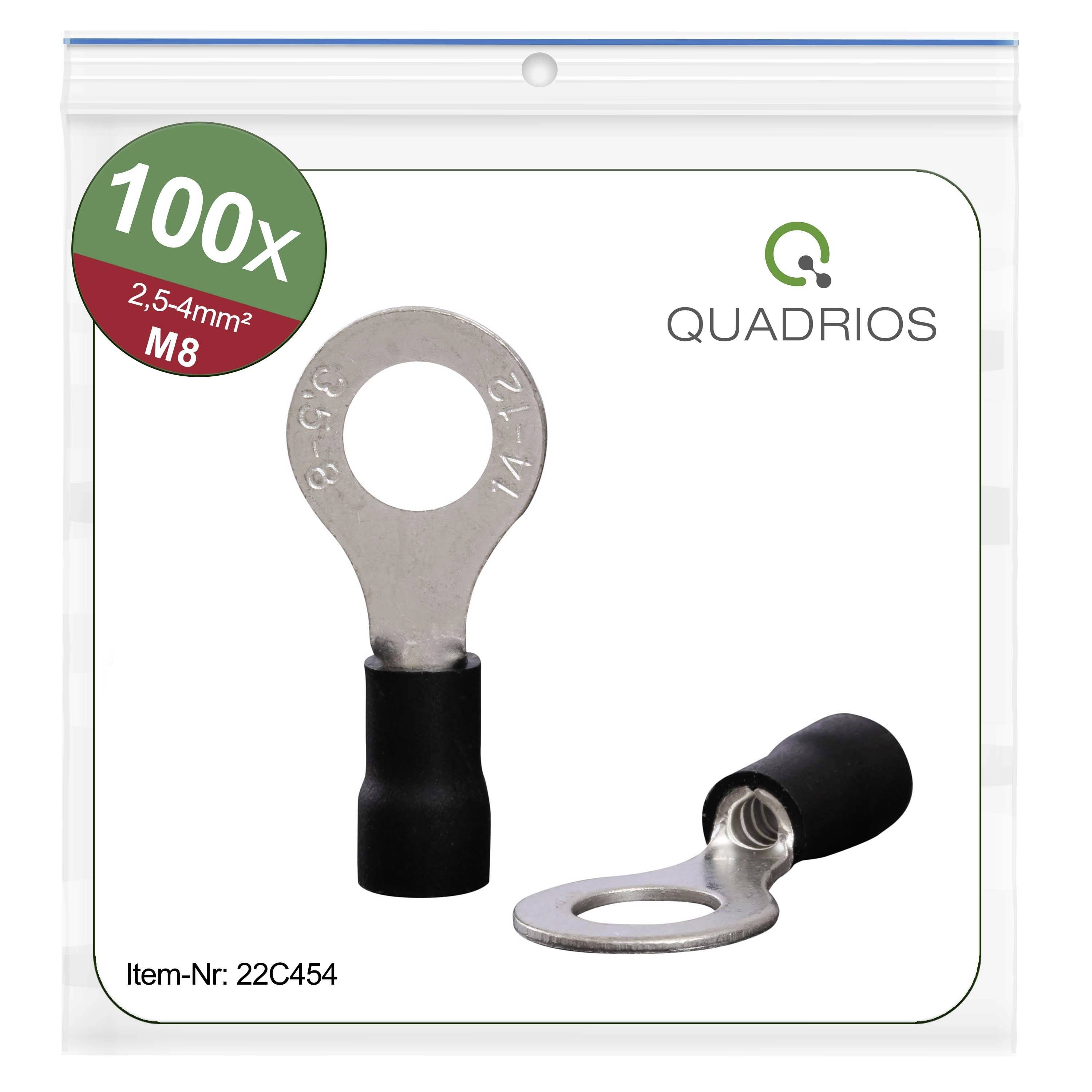 'Pack of 100 round cable lugs, 2.5-4 mm², M8 size. Manufacturer: Quadrios. Article number: 22C454.'