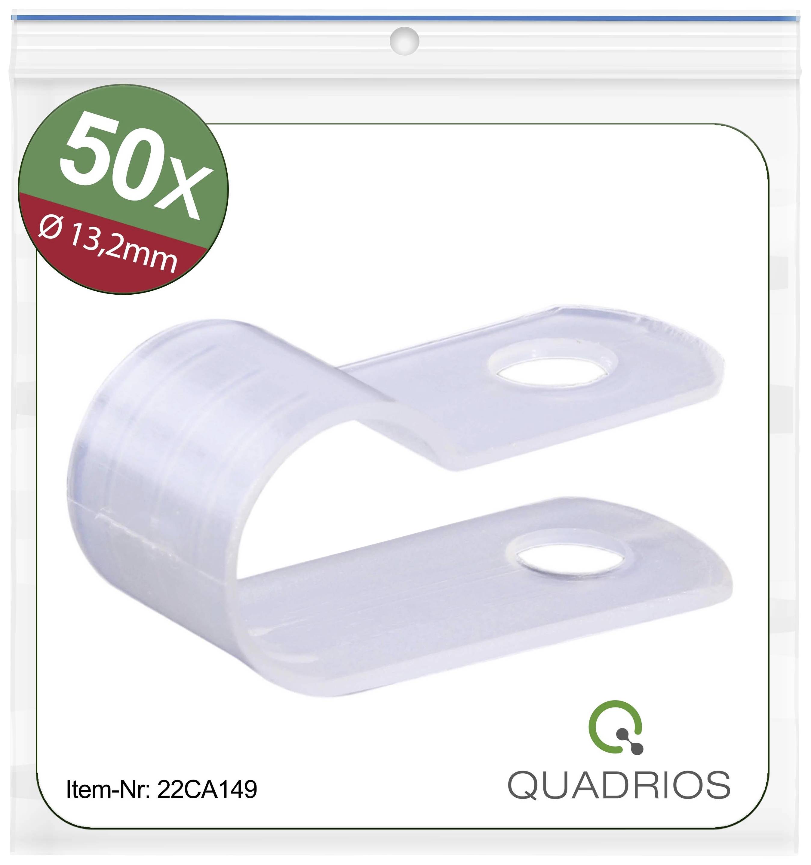 '50x Cable Clips, Diameter 13.2 mm, Article No. 22CA149, Brand Quadrios. Plastic C-Clamp with two screw holes in transparent packaging.'