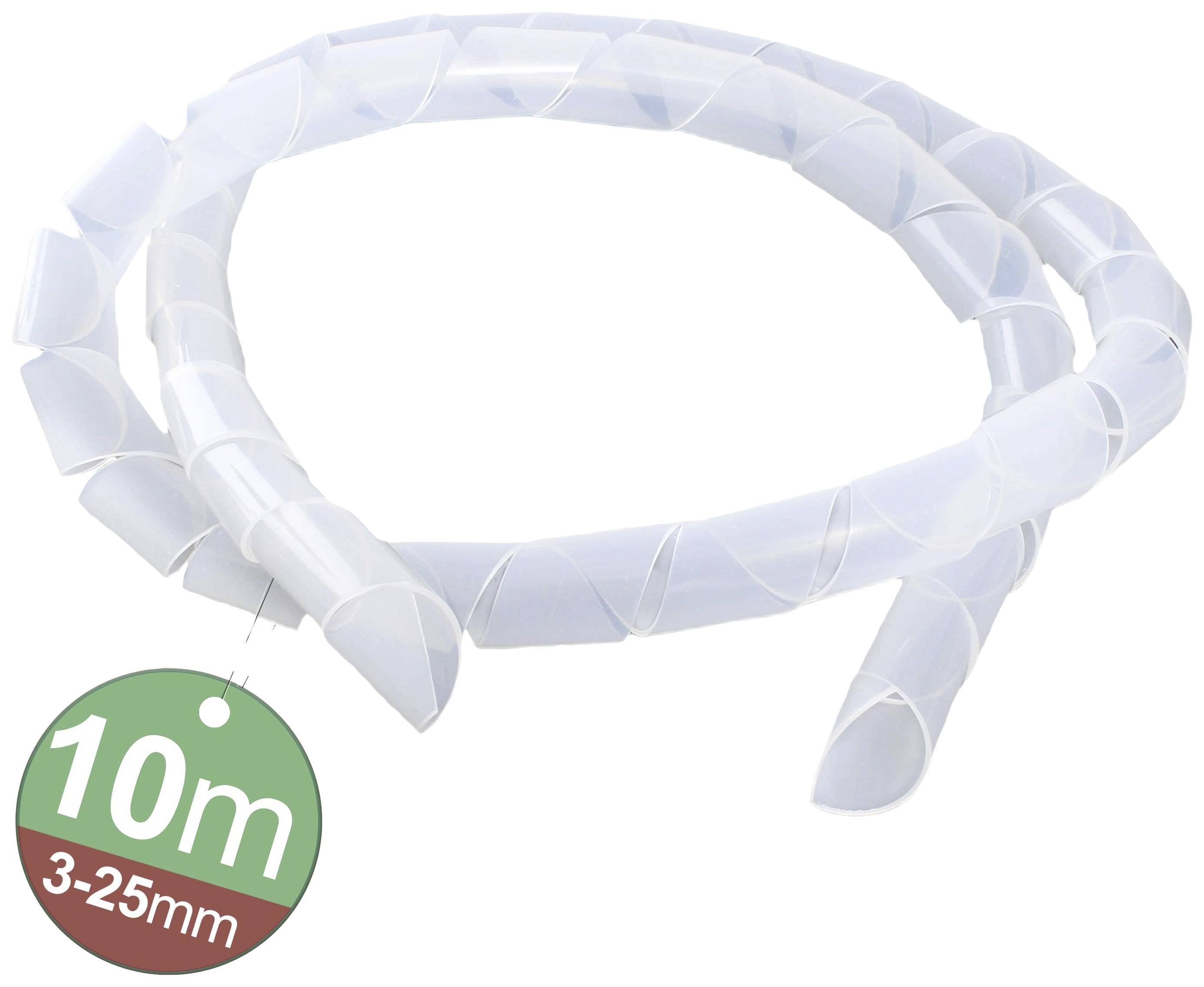 Cable spiral conduit in transparent design, 10 metres long, suitable for cable diameters from 3 to 25 mm. Ideal for cable management.