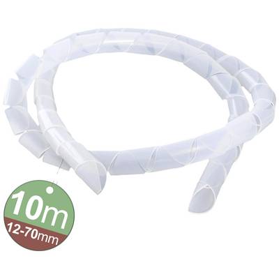 Spiral cable conduit, transparent, 10 metres long, diameter 12-70mm, for cable bundling, on white background.