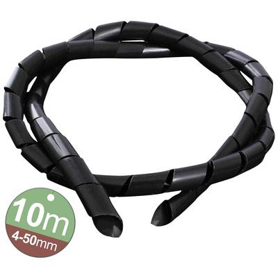 Black cable sleeve, flexible and coiled, length 10m, diameter 4-50mm. Suitable for cable organisation and protection.