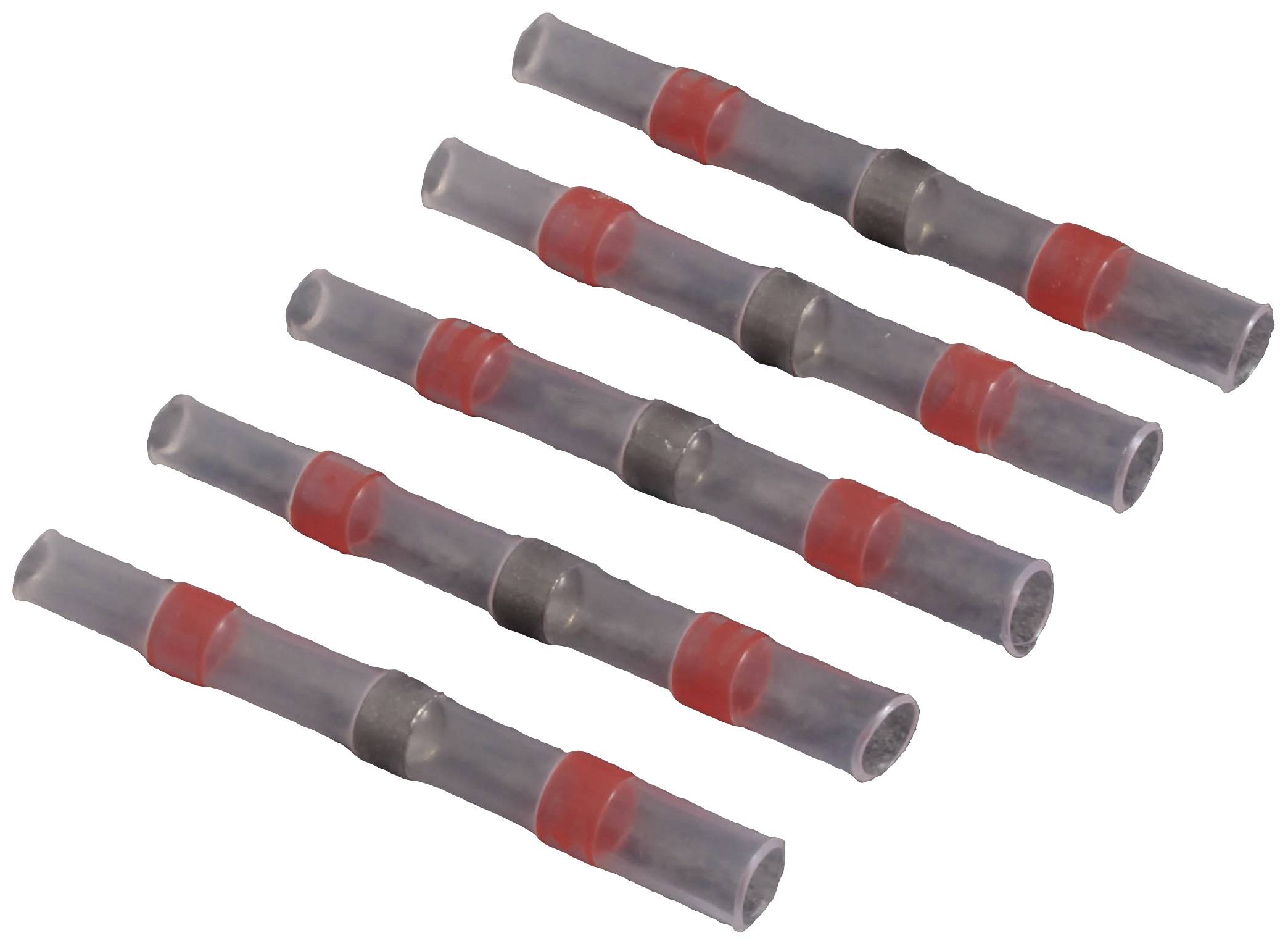Six transparent heat shrink connectors with red and silver markings, used for securely connecting wires.
