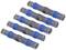 Five blue, transparent cable connectors in a row. They are used for insulating and connecting electrical wires.