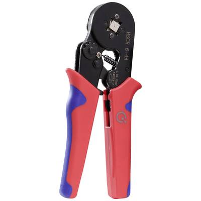 Wire crimping pliers with red and blue handles, used for connecting wires by compressing contact components.