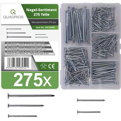 'Nail Assortment 275 Pieces' showing various nail sizes and types in a plastic box.