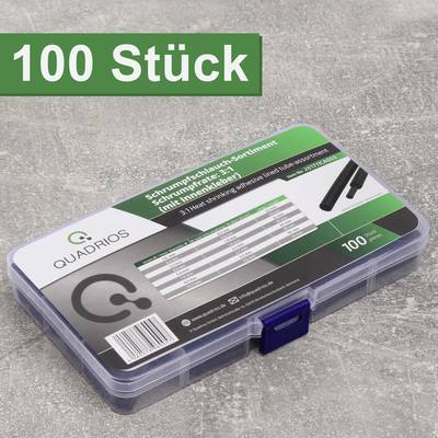 'Heat shrink tube assortment, 100 pieces, in a clear plastic box with labelling. Quadrios brand, includes three sizes.'