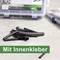A close-up of black heat-shrink tubing next to packaging. On a green label it reads 'With internal adhesive'.