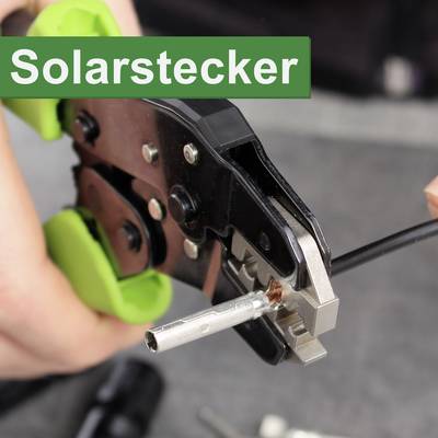 A hand uses pliers to crimp a solar connector. 'Solar connector' text is written in the top left on a green background.