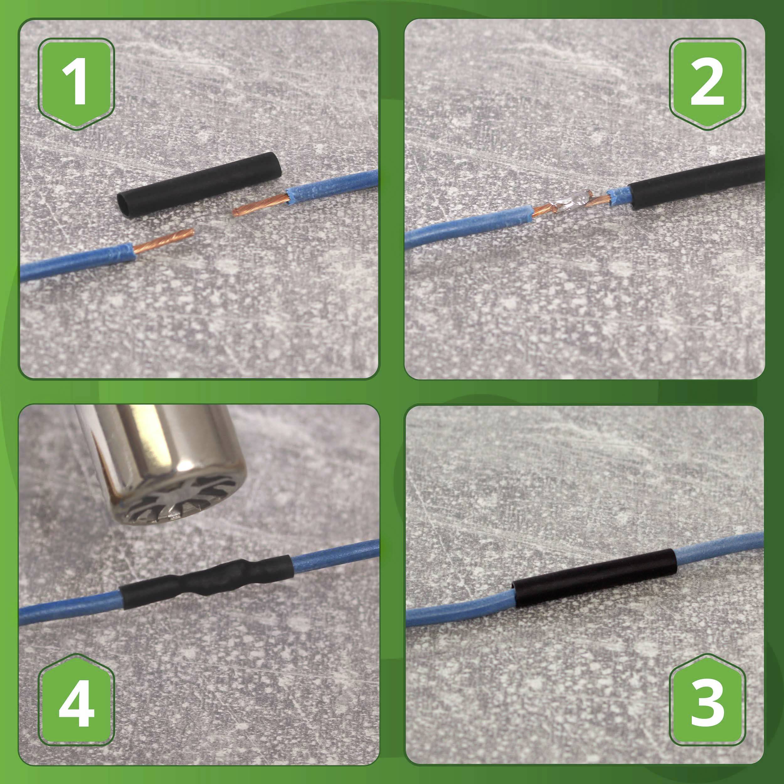 Four images show the process of heat-shrink tubing on a cable: placing heat-shrink tubing, connecting the cable, heating the tubing, finished connection.