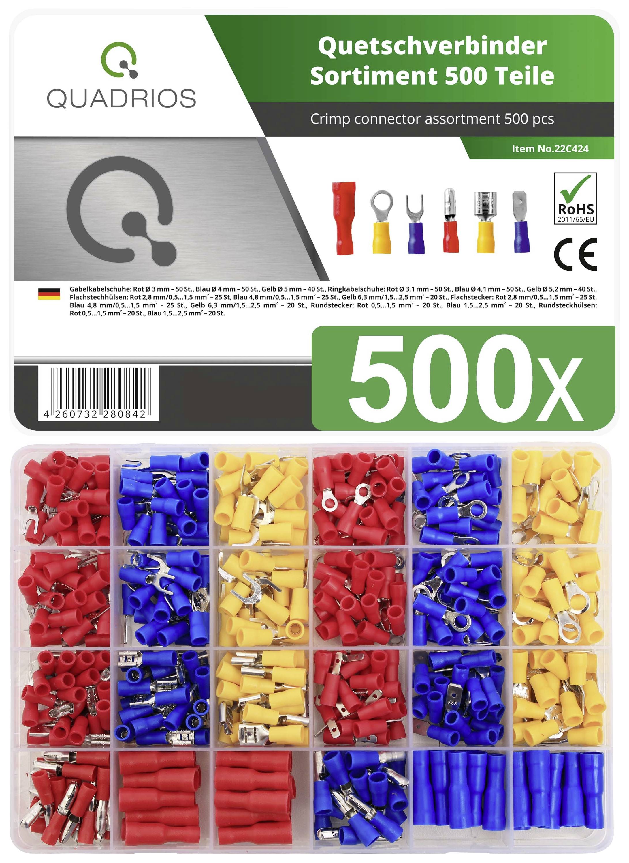 'Quadrios Crimping Connector Assortment 500 Pieces'. Various coloured crimp connectors in compartments. CE and RoHS certificates visible.