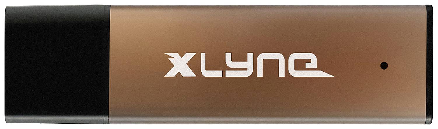 USB stick with a black and brown casing and the inscription 'XLYNE'.