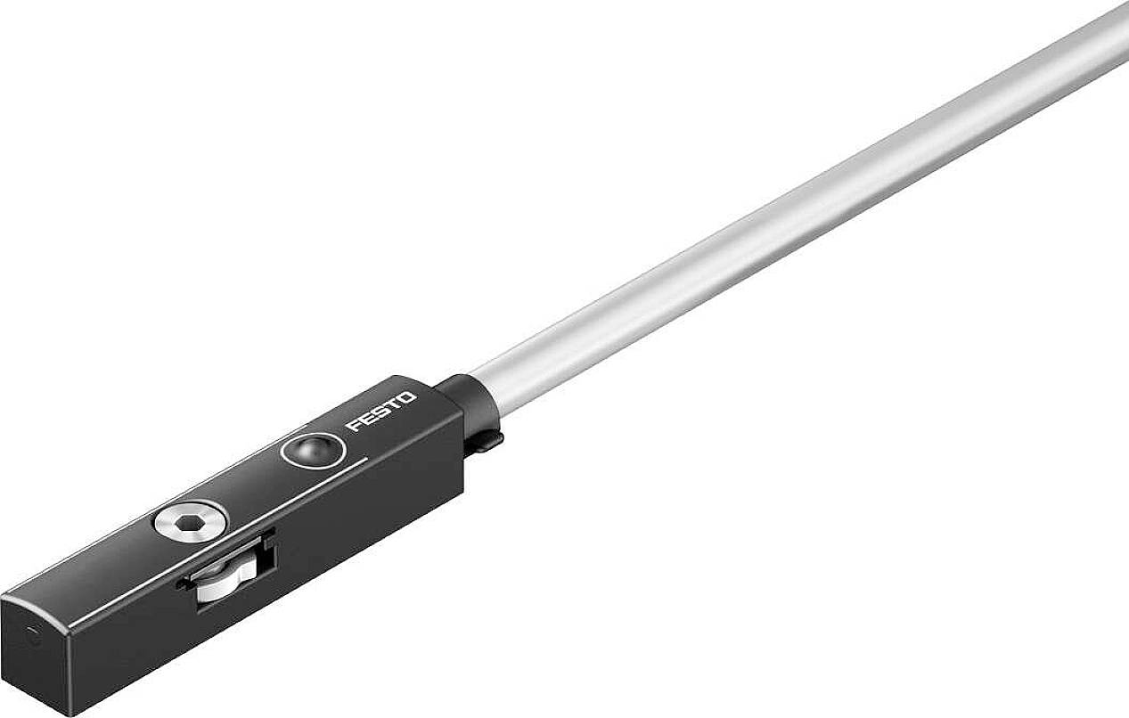 Metallic sensor by Festo with a long, slender rod, used in automation technology for precise position measurement.
