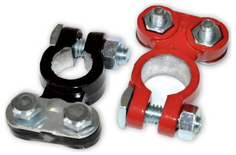 Two metal battery terminal connectors, one black and one red, indicating negative and positive connections respectively, with bolts and nuts.