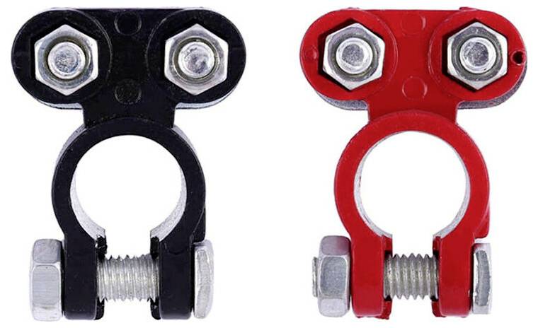Two battery terminal connectors are shown: one black and one red, each with two bolts and nuts for securing cables.