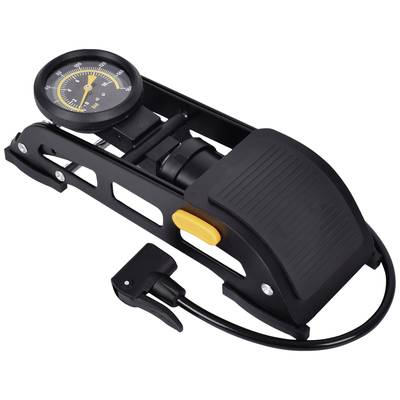 Black and yellow foot air pump with pressure gauge and flexible hose; suitable for inflating tyres or balls.