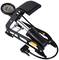 Foot pump with pressure gauge. Black design, round pressure display on top. Suitable for inflating bicycle tyres and other inflatables.