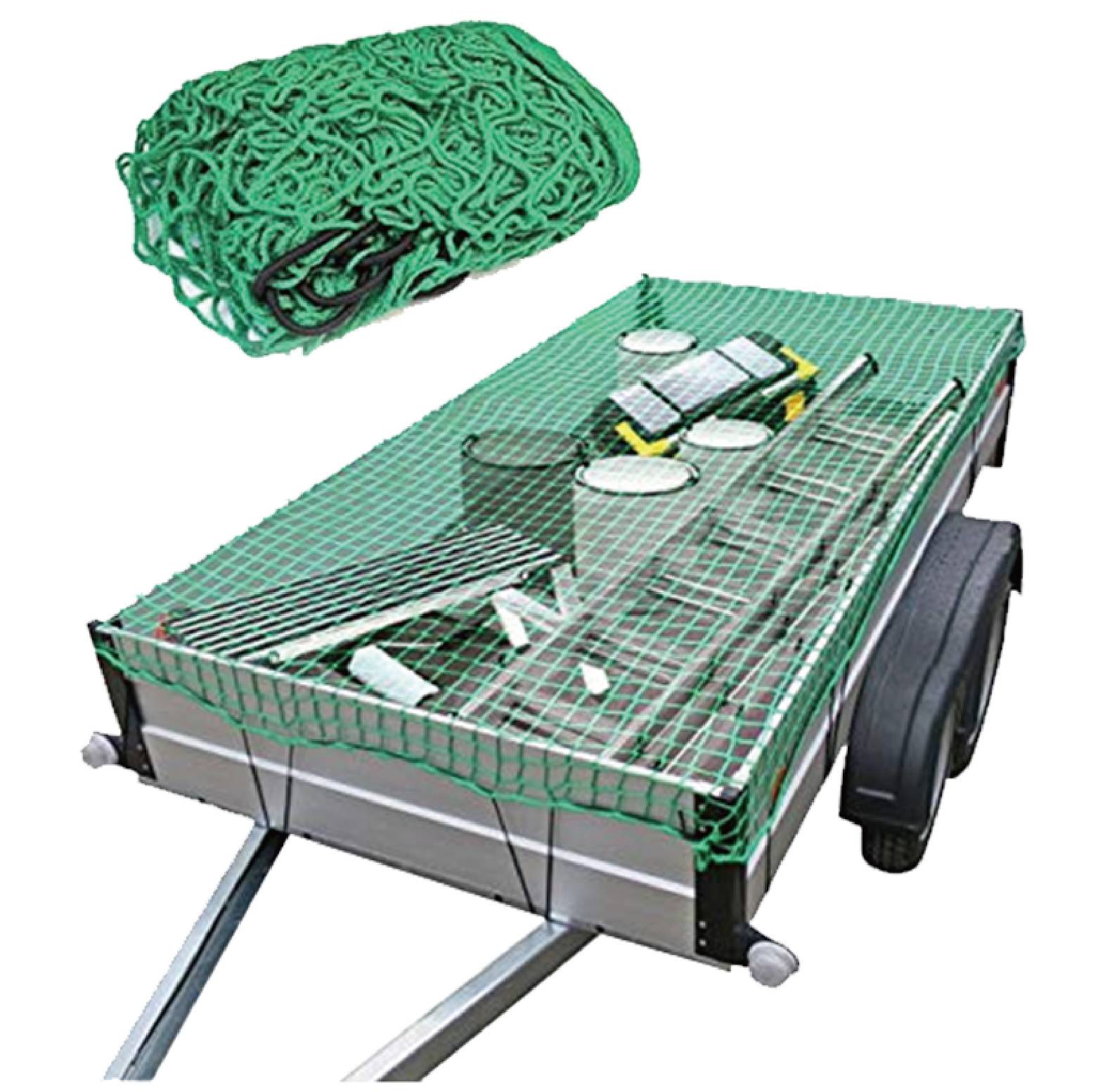Green securing net covers a loaded trailer with tools and materials for cargo securing.
