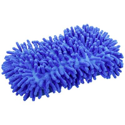 A blue, oblong cleaning sponge with many short, dense fibres, similar to a chenille design, on a white surface.