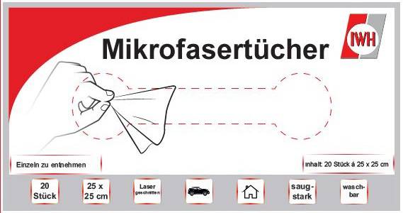 'Microfibre Cloths Pack Handled by Hand.' Contains 20 pieces, each 25 x 25 cm. Symbols: laser-cut, absorbent, washable.