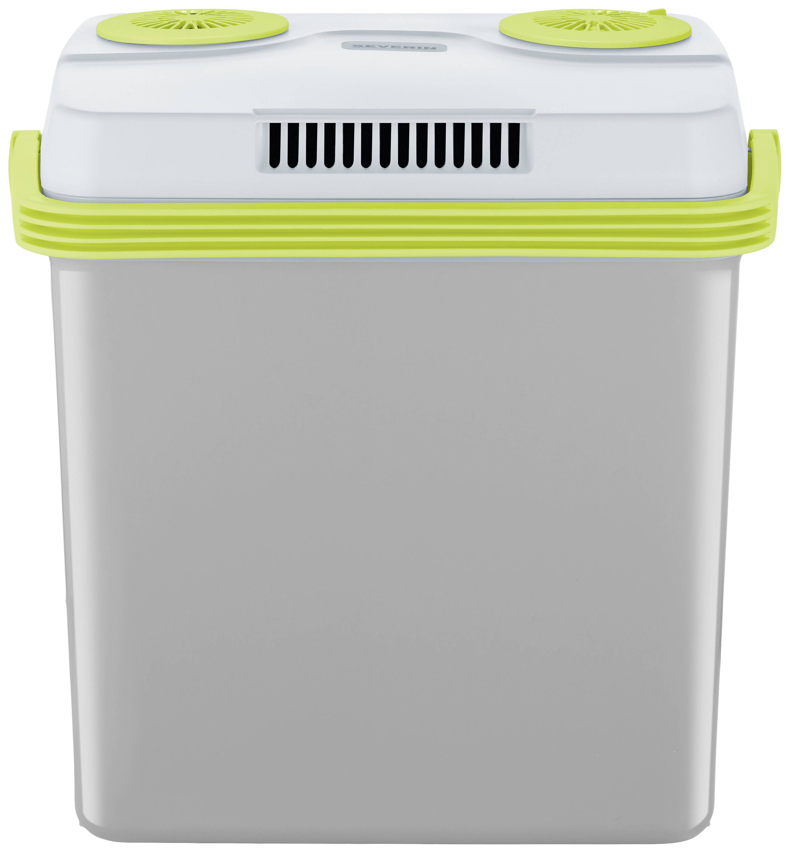 Grey and green fridge with ventilation slots at the top, compact size for on the go.