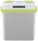 Grey and green fridge with ventilation slots at the top, compact size for on the go.
