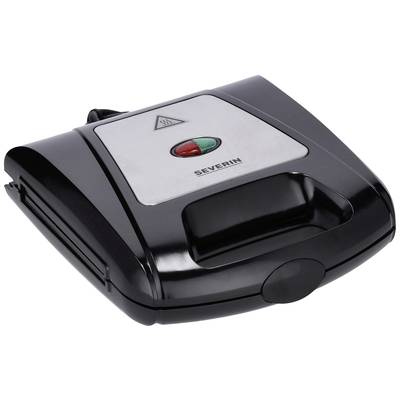 'Black sandwich toaster with a red and a green button on the front, brand Severin.'
