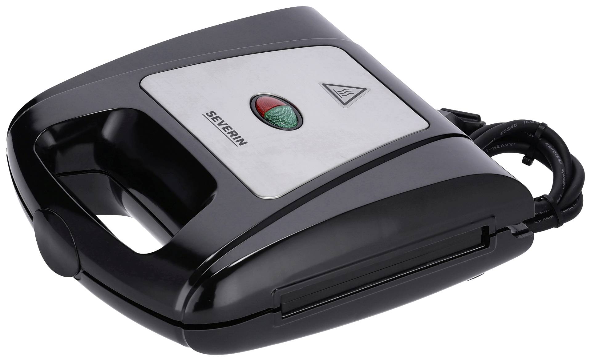 Black sandwich maker with stainless steel plate, red and green indicator lights and handle.