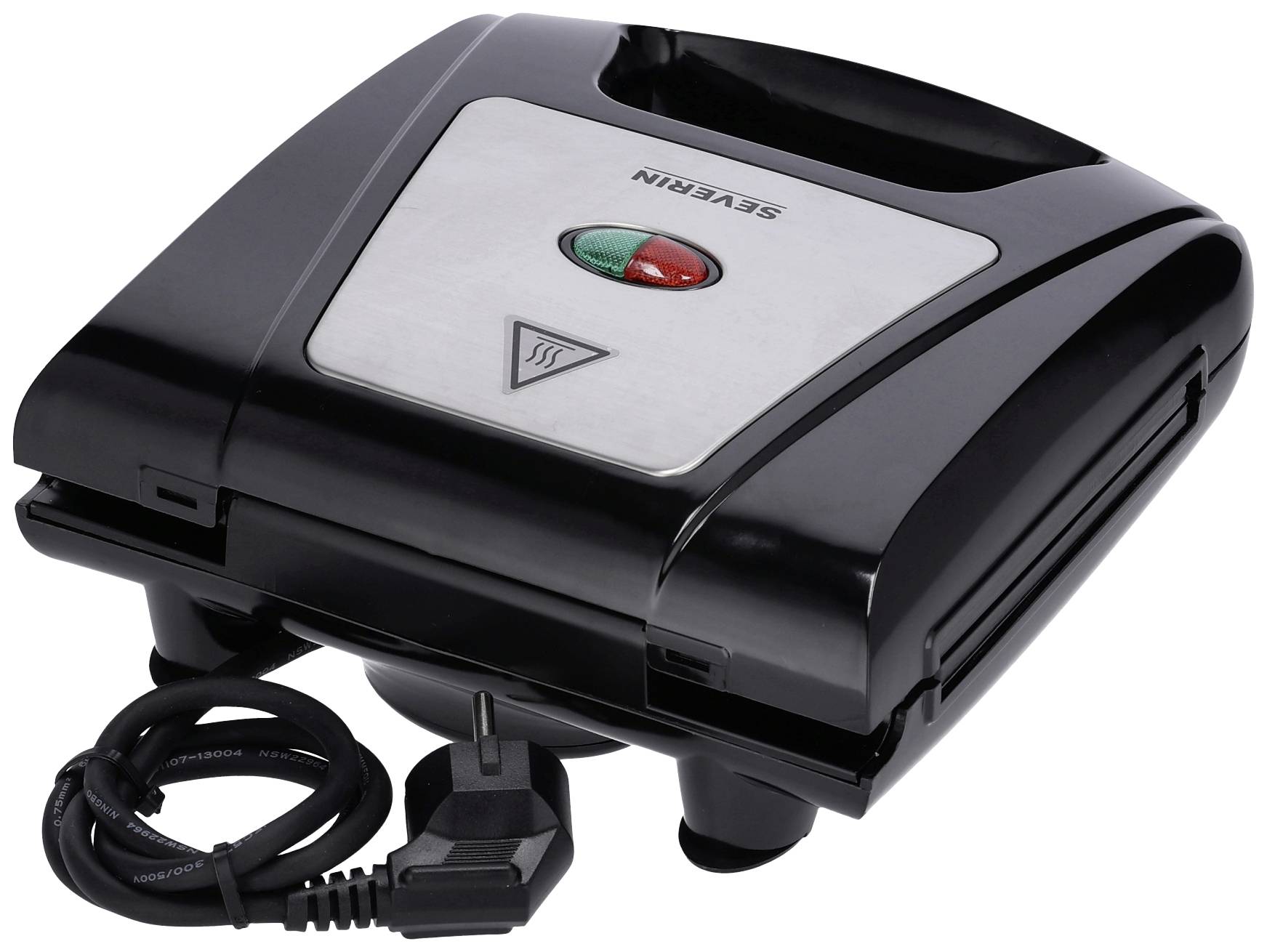 A black and silver sandwich maker by Severin with an electric cable. A red and a green light are visible.