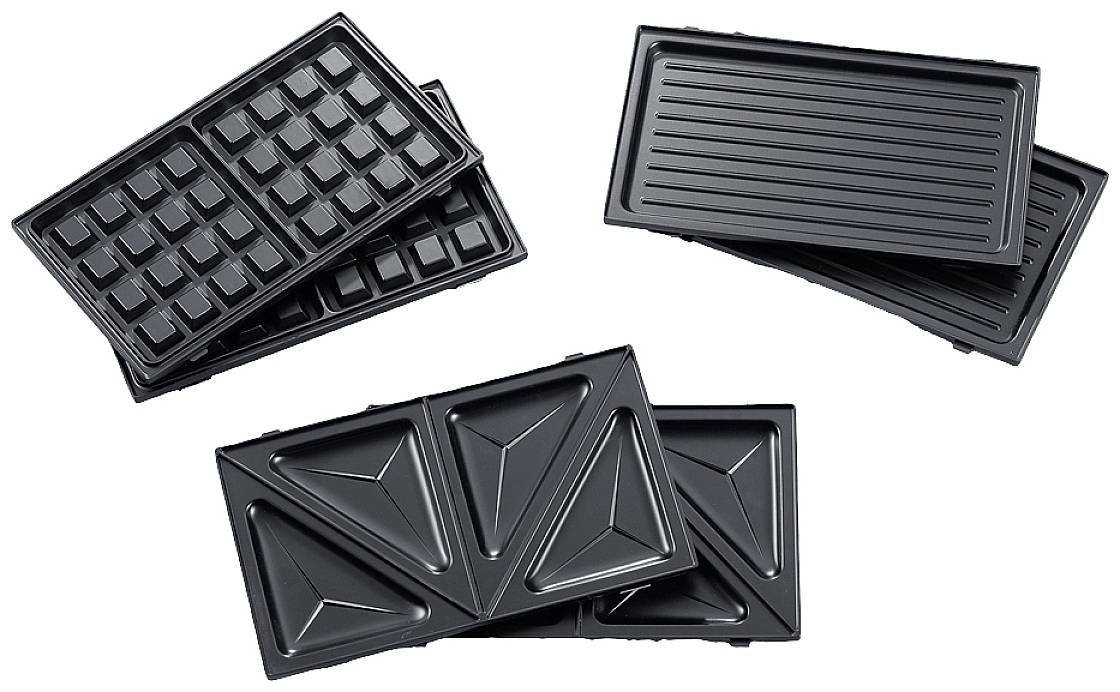 Three different interchangeable baking plates: waffle pattern, grill pattern, and sandwich triangles, each in a double version.