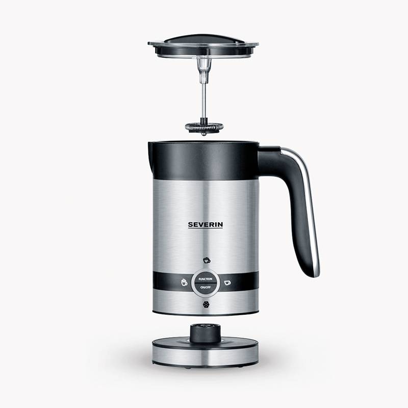 Electric milk frother in stainless steel with removable lid and whisk, switch and handle visible, by Severin.