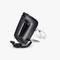 A black hand mixer with two beaters is displayed on a white surface. The mixer is positioned at a slightly tilted angle.