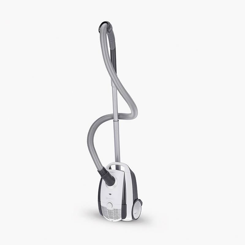 Vacuum cleaner with grey hose and wheels, standing freely against a light background.