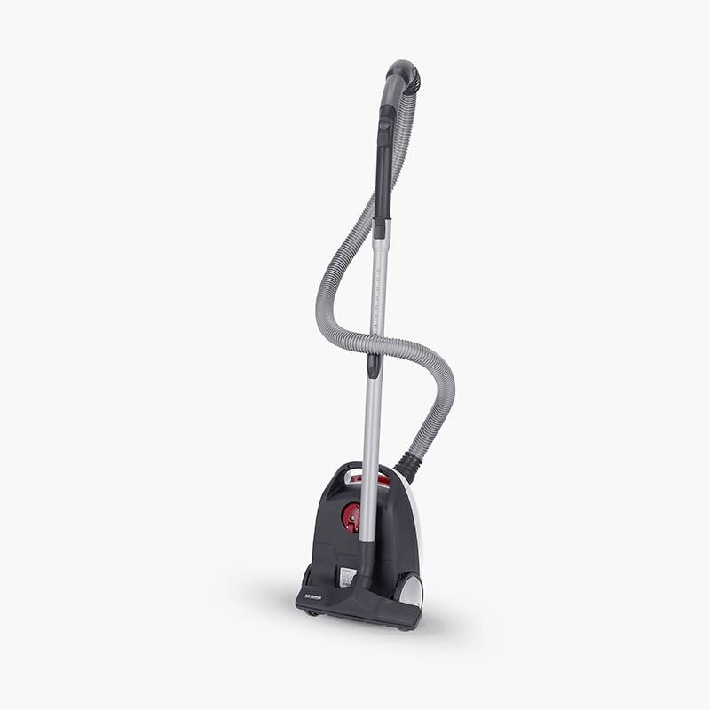 Black vacuum cleaner with a flexible hose and red detail; suitable for carpet and hard floor cleaning.