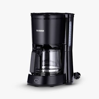 A black filter coffee machine with a glass carafe, scale on the side and brand logo on the front.