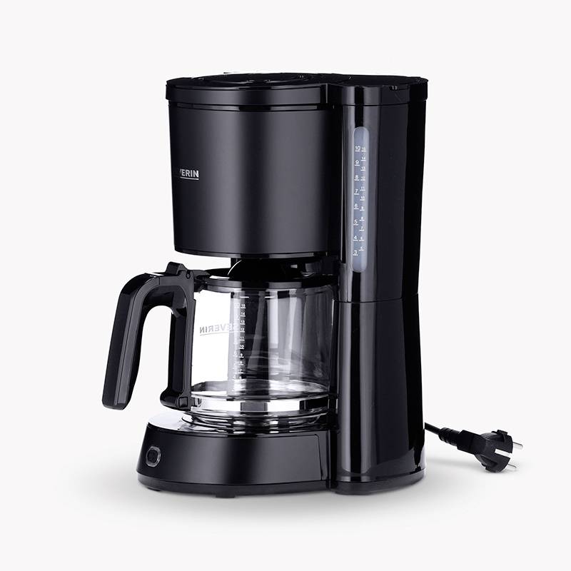 Black filter coffee machine with glass carafe and measurement indicator on the side. Device is placed on a white background.