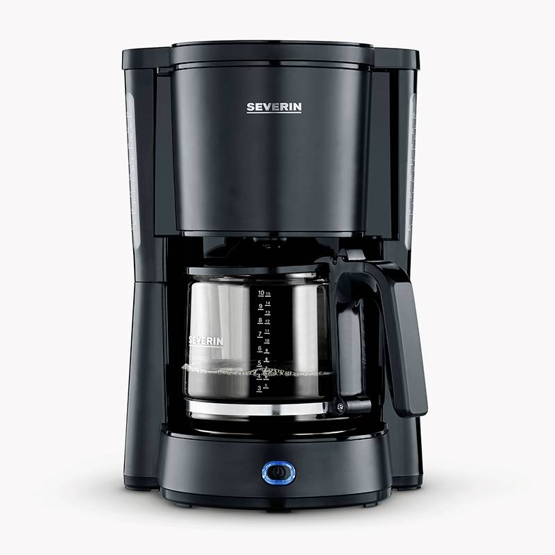 Coffee machine in black with a glass carafe on a white background. Design shows standard model for household use.
