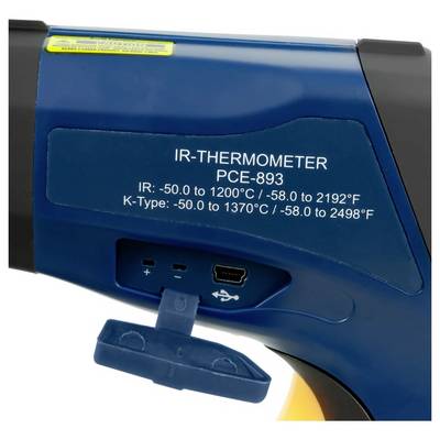 Blue PCE-893 IR thermometer showing temperature range labels and a USB port under a protective cover.