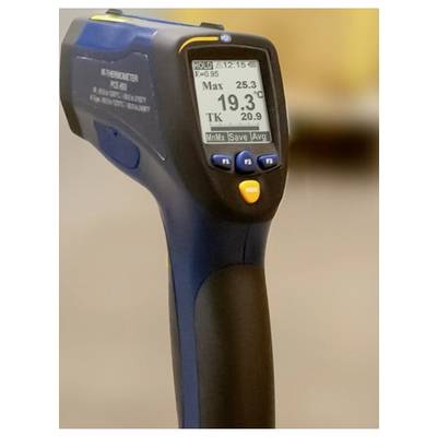 Handheld infrared thermometer showing 19.3°C on its digital display.<br>