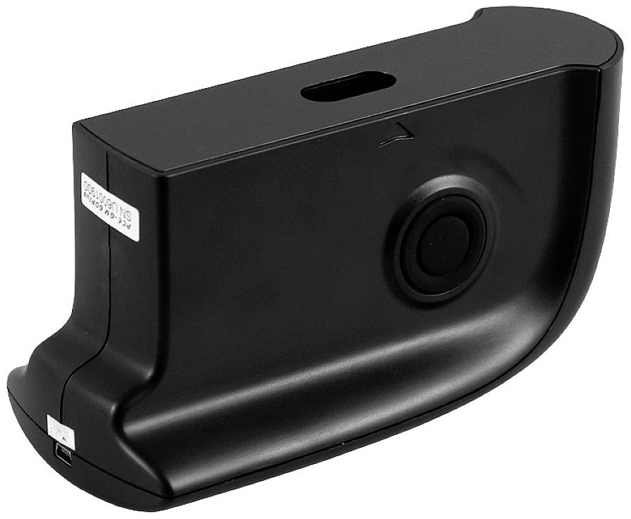 Black camera or device with round shutter button and label on the side; possibly an accessory.