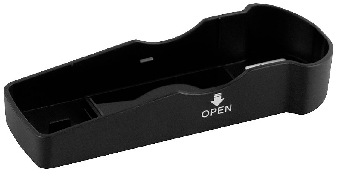 Black plastic cover with the inscription 'OPEN' and an arrow, indicating the direction to open.