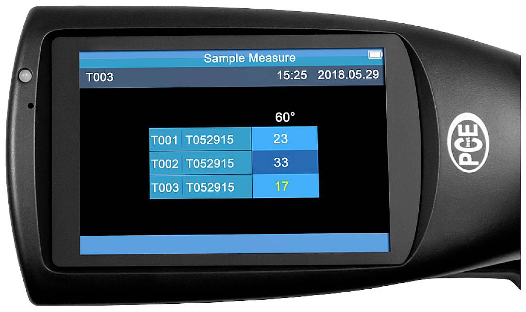 A screen displaying 'Sample Measure'. Time: 15:25, Date: 29.05.2018. Measurement data: T001 - 23, T002 - 33, T003 - 17 at 60°.