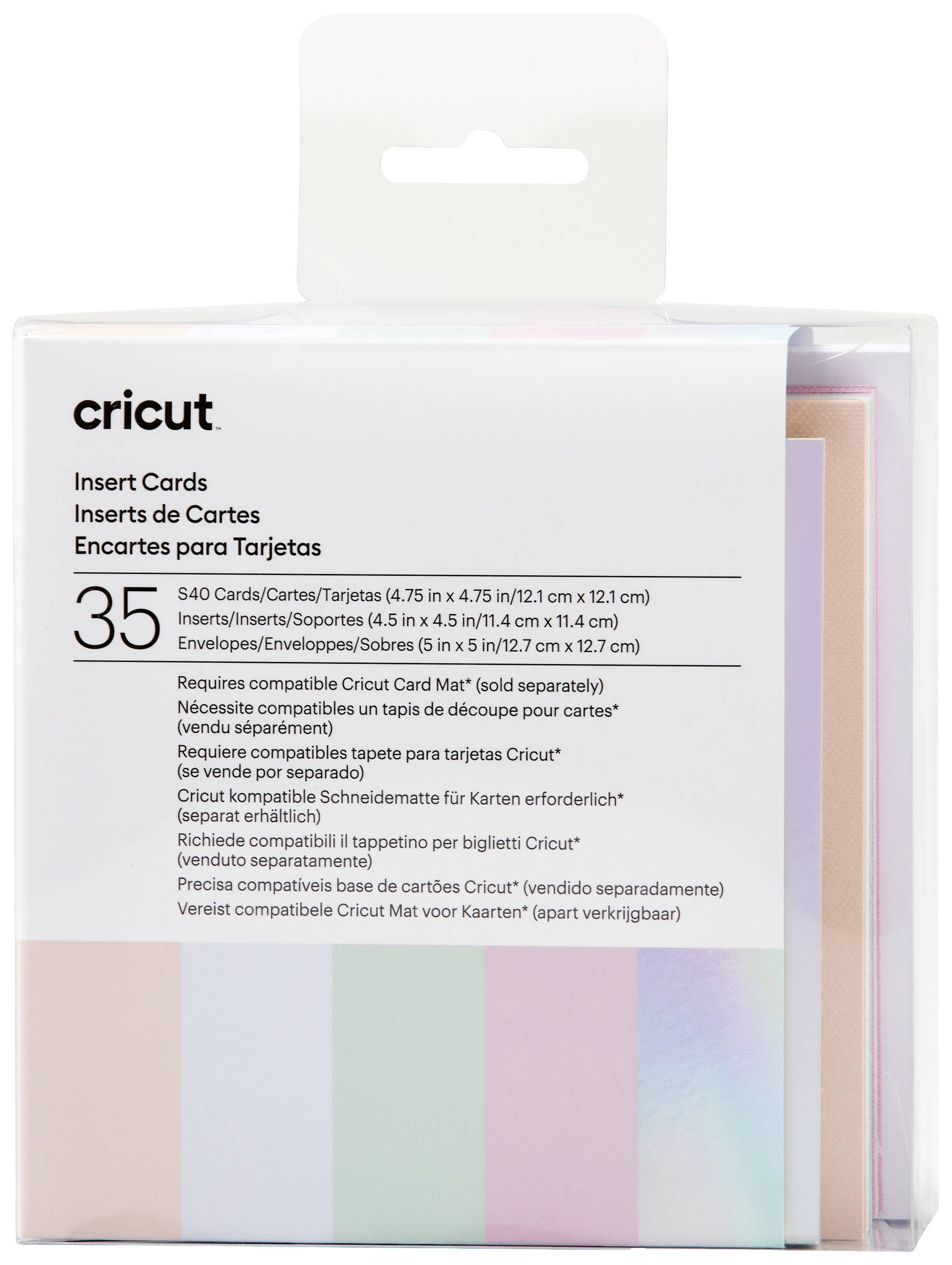 Packaging with 35 insert cards and envelopes for Cricut cutting machines. Texts in multiple languages for compatibility and usage.