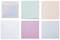 Six square envelopes in various colours (rainbow, light green, pink, white, purple, grey) arranged in two rows.