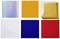 Six squares in two rows: top row rainbow-coloured, yellow, silver; bottom row white envelope, blue, red.