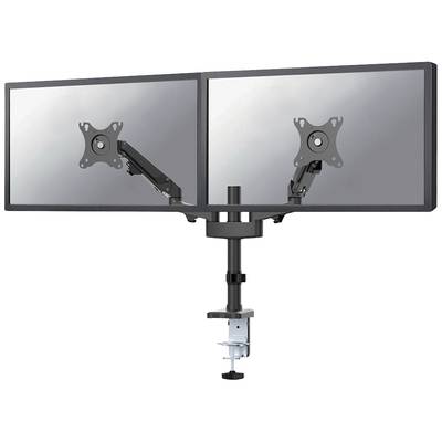 Two monitor brackets on an adjustable arm, mounted on a desk, without monitors, in an office setting.
