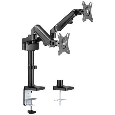Two adjustable metal monitor arms with desk clamp mounting. Suitable for mounting two monitors.