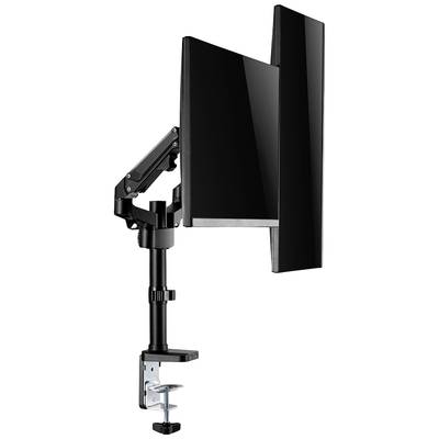 A black monitor is attached to a height-adjustable desk arm mounted on the edge of a desk.