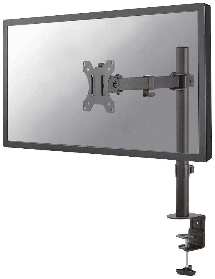 A monitor arm attached to a desk holds a screen. The arm is adjustable and allows flexible positioning of the monitor.