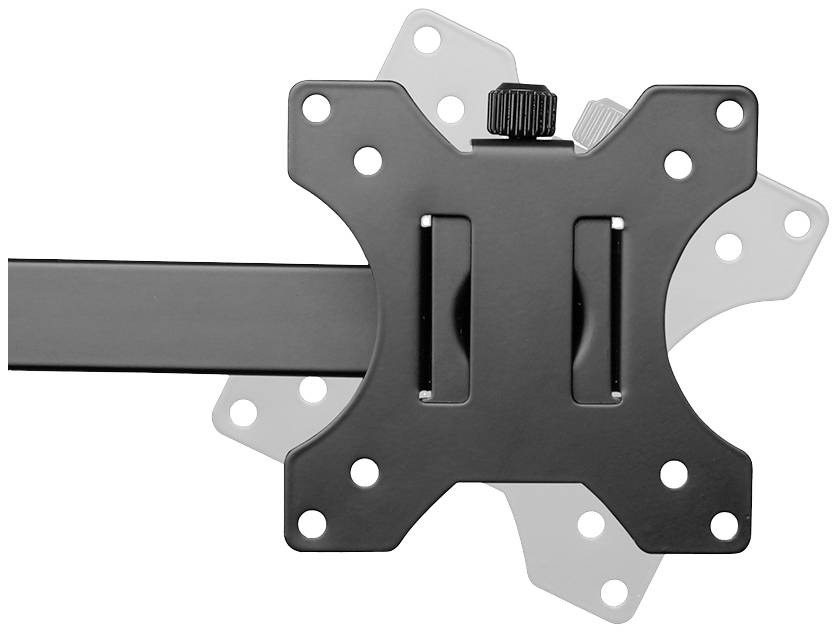 A black TV bracket with multiple mounting holes, mounted on a flat arm, enables flexible screen positioning.
