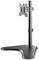 A black monitor stand with height-adjustable mounting on a triangular base. Suitable for screen mounting.